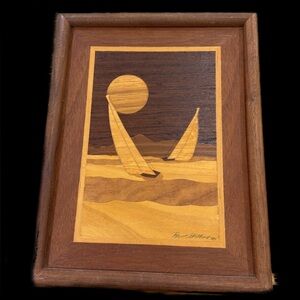 Hudson River Inlay Marquetry Art 15.25" x 12" Sailboat - Signed Jeff Nelson